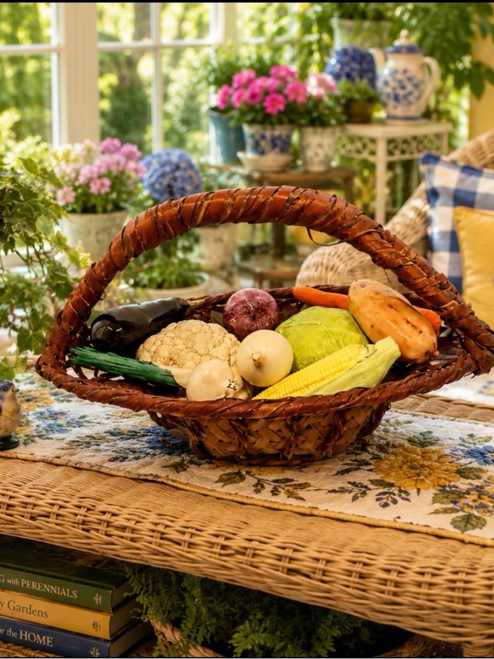 9 Vintage Life Size Vegetables Handcrafted Porcelain Ceramic , Free Basket